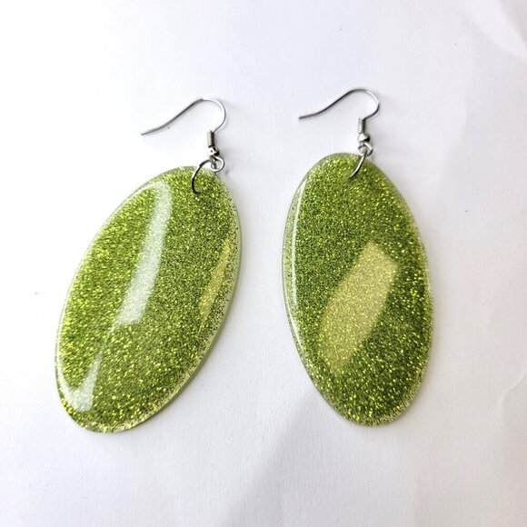 Black Glitter Earrings Oval Dangle Sparkly Earrings Light Black Earrings - Picture 5 of 7